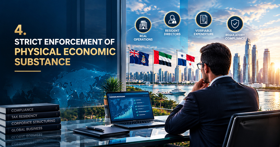 Business executive reviewing financial data in a modern waterfront office, illustrating physical economic substance requirements, local operations, resident directors, verifiable business expenditure, and regulatory compliance.