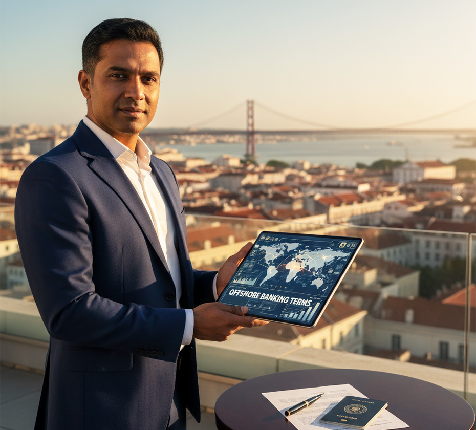 A businessman with tablet showing offshore banking terms