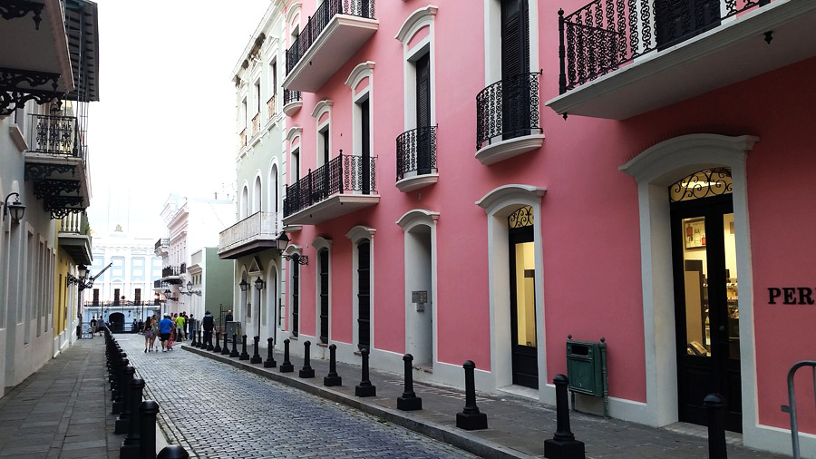 Cobblestone street and colonial architecture in Puerto Rico