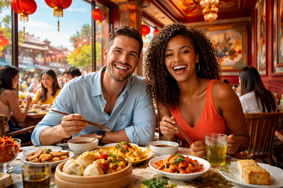 A happy expat couple enjoying lunch at a vibrant Chinese restaurant, surrounded by colorful Chinese art, bright sunlight, and a lively street view through glass windows.