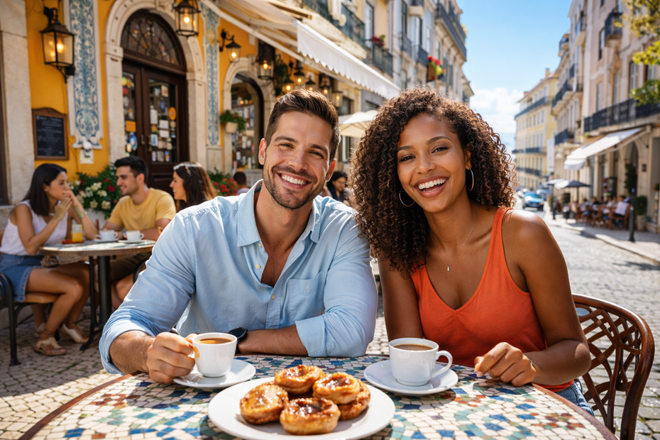 An expat couple enjoying coffee, a sunlit street in Portugal, surrounded by colorful buildings, capturing a moment of local lifestyle and travel.