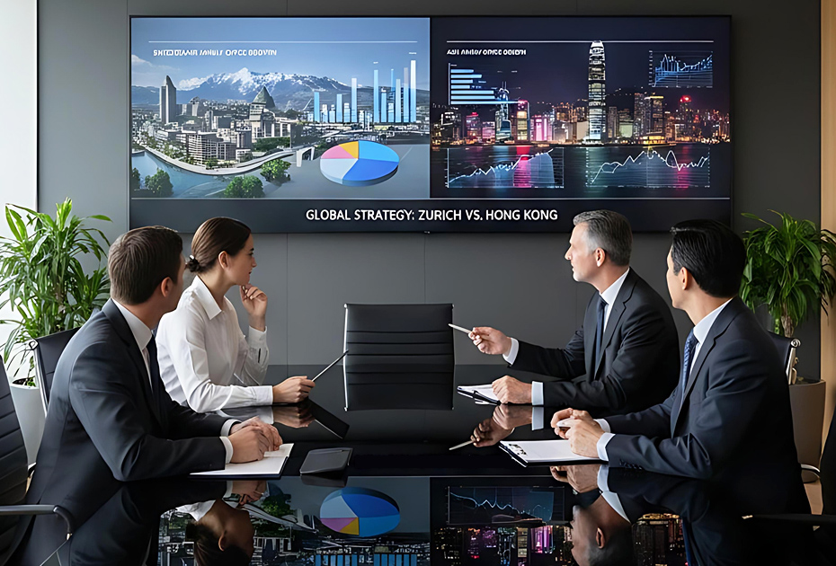 Business people discussing strategy for Switzerland and Asia Family Office Growth