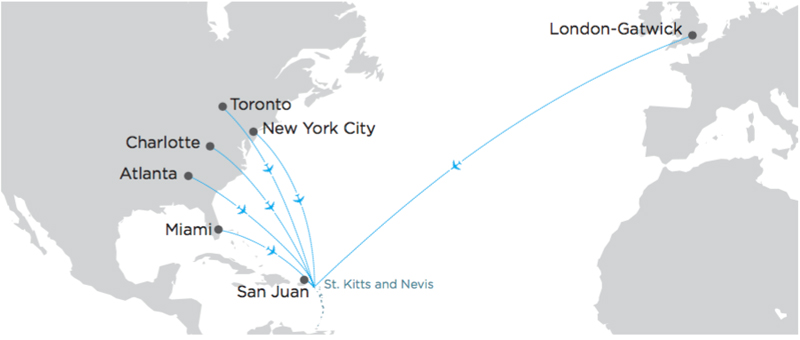 Flight routes to St Kitts and Nevis from international destinations