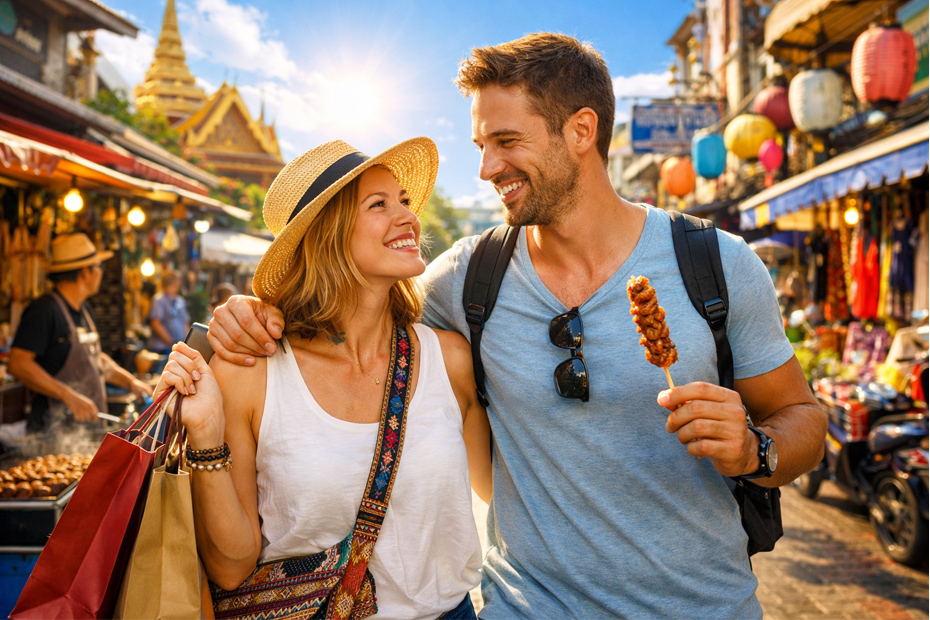 A happy expat couple shopping on the streets of Thailand, with vibrant colors, bright sunlight, and a clear blue sky.