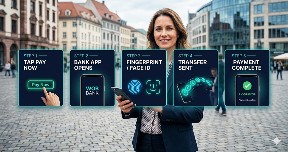 A 5-step infographic showing a secure mobile payment flow, step by step for a A2A transaction. Steps include tapping Pay Now, opening the bank app, biometric verification, transfer sent, and payment complete, featuring a professional woman in a modern city square.