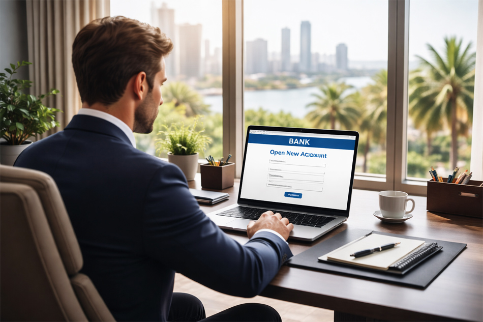 Executive professional setting up an international offshore bank account online on a laptop in a bright modern office.