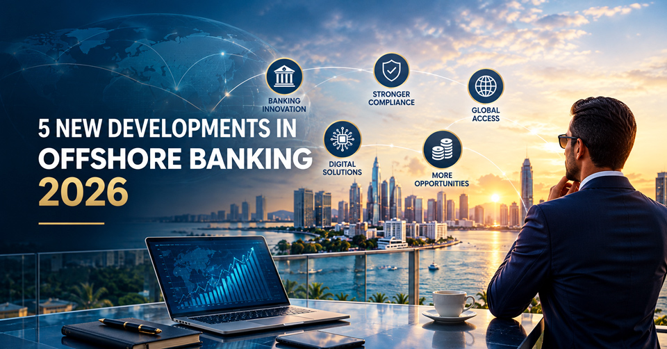 Financial skyline at sunset with a business executive overlooking the city, a laptop displaying financial growth charts, and icons representing banking innovation, stronger compliance, global access, digital solutions, and new opportunities in offshore banking in 2026.