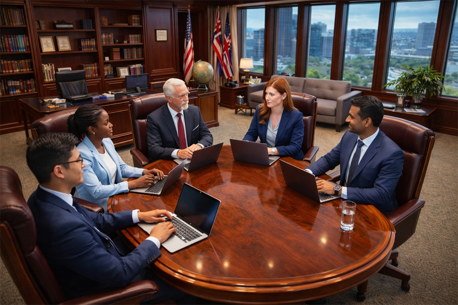 Team of offshore banking executives in a meeting around a conference table, reviewing documents and collaborating in a bright professional office setting.