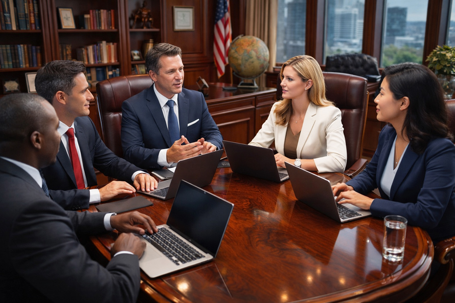 Group of professional offshore banking executives in a modern office discussing documents and strategy around a table, representing international finance and collaboration.