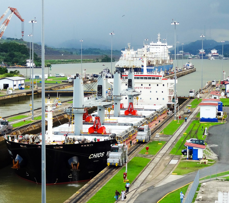 Ship passing through the Panama Canal locks.