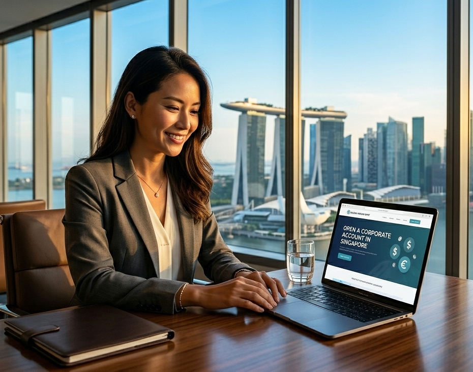 A professional woman smiling at her laptop with a 'Corporate Account Singapore' website open, against a high-rise view of the Marina Bay Sands skyline, representing premium global banking