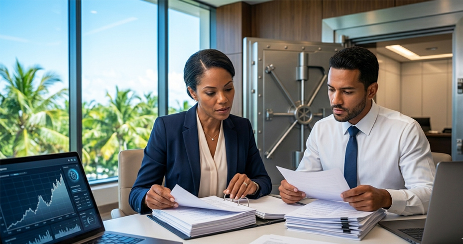 Two professional compliance officers conducting a source of wealth audit in a Caribbean offshore bank with a secure vault and tropical palms in the background.