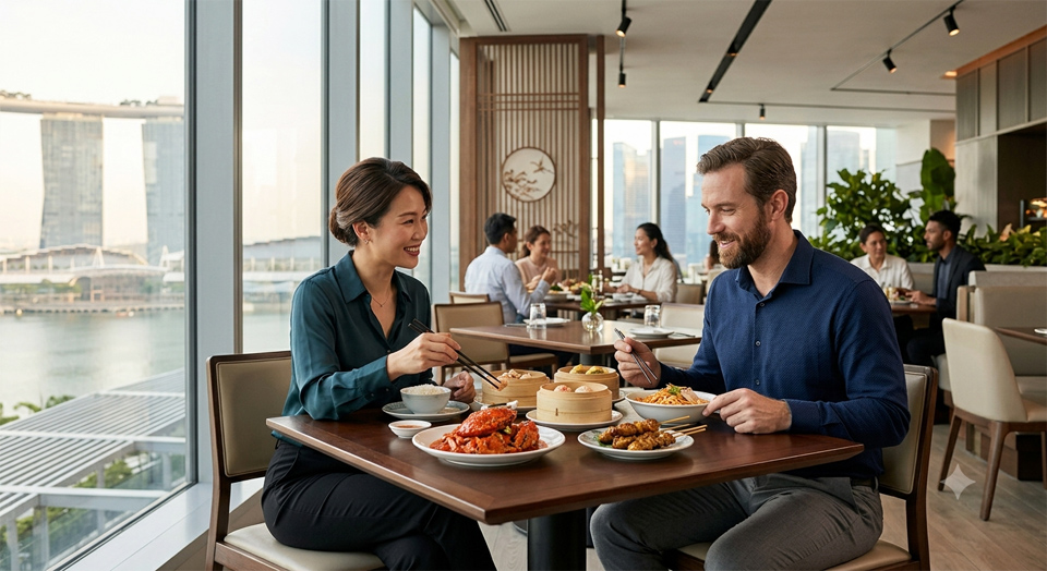 Business professionals enjoying traditional Singaporean cuisine at a top dining location.