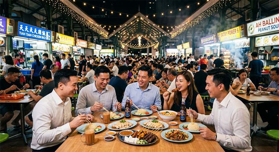 A vibrant Singapore hawker center featuring delicious street food dishes for business travelers.
