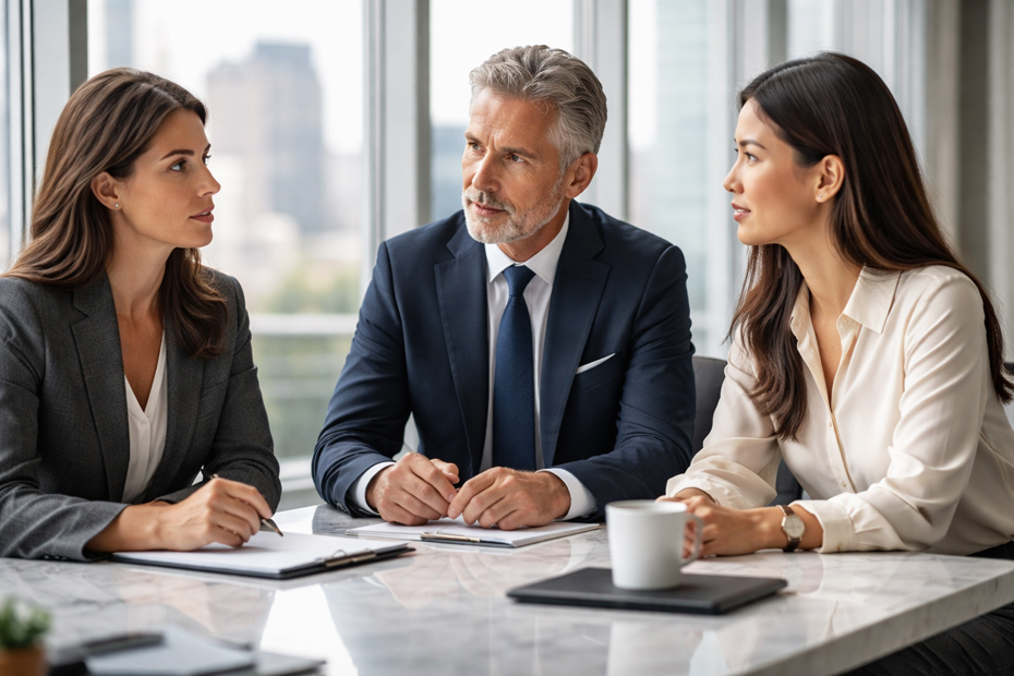 Three offshore banking professionals in business attire having a focused discussion around a marble conference table in a modern glass office with a city skyline in the background.