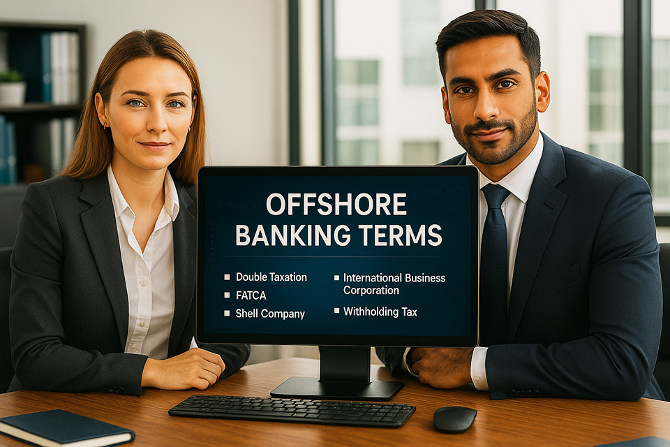 A businessman looks at offshore banking terms on his tablet